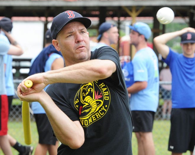Nick Robbin takes a swing during the sixth annual John Waldron Memorial Wiffleball Tournament on Saturday, June 24, 2017 at the Brockton Fairgrounds.