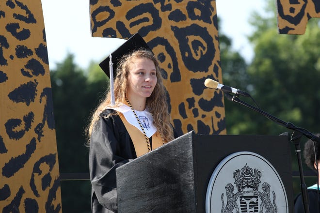 Forestview High School Co-Valedictorian Caroline Eisenhuth addresses her classmates and the crowd during graduation at Joe Alala Stadium in Gastonia on Saturday, June 10, 2017. (Brian Mayhew/Special to the Gazette)