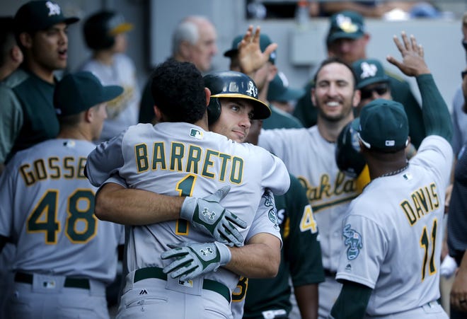 The Oakland Athletics' Matt Olson hugs teammate Franklin Barreto, 1, after Olson hit his first big league home run on Saturday in Chicago. [CHARLES REX ARBOGAST/AP]