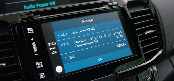 In a dash-payment system that Honda is testing, drivers are notified that they can pay for fuel or parking when they are near a smart parking meter or fuel pump. Depending on the services, the purchase amount is displayed in the dashboard and drivers confirm payment with the touch of a button. [Honda]