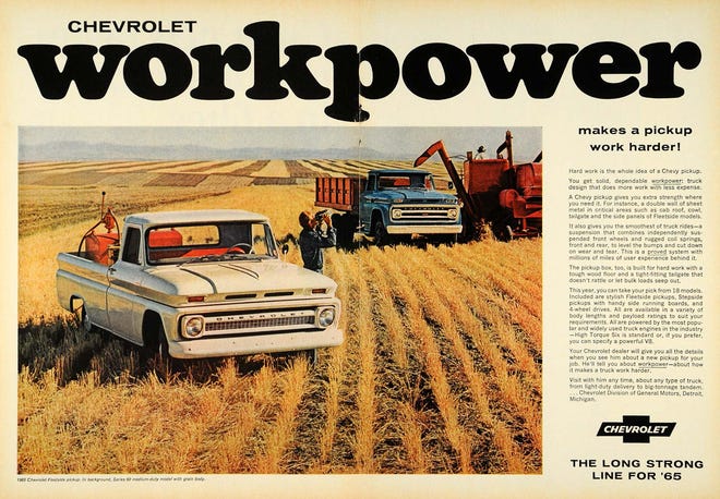 Advertisement for the 1965 Chevrolet pickup and heavy-duty line of trucks. Back then, it was common to refer the pickup trucks as “farm trucks” as they didn’t have many comfort amenities. The '65 C20 ¾ Ton pickup had a list price back then of just $2,209. (Ad compliments Chevrolet Trucks)