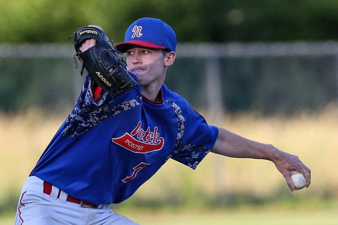 Natick Post 107's Jake Jewett delivers a pitch during Natick's 12-7 win over Sudbury Post 191 on Monday night at Feeley Field in Sudbury.