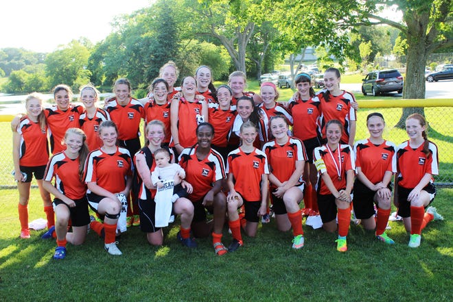 The Ipswich Greenheads that went to the Essex County Youth Soccer Association playoffs consisted of, from left to right, in the front row, Lauren Waters, Caitlin Leet, Amelia Klapprodt, Tamenech Meneghini, Melanie Powers, Kaylee Klyce, Lauryn Whynott, Summer Smith and Maddy Farris; in the middle row, Jenny Tarr, Alexa Eliopoulos, Claire Stone, Teaghan Duff, Mia Corcoran, Lucca Kloman, Colby Filosa, Elyna Dubrow, Laura Howes, Isabelle Harper and Angelina Rix; and in the back row, Hayden Groves, Maddy McLaughlin and Ava Horsman. [Courtesy Photo]