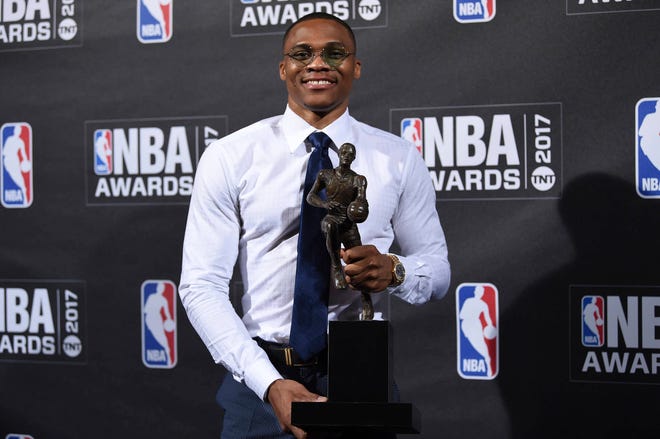 Kia NBA Most Valuable Player, Best Style & Game Winner Award winner, Russell Westbrook, poses in the press room at the 2017 NBA Awards at Basketball City at Pier 36 on Monday, June 26, 2017, in New York. (Photo by Evan Agostini/Invision/AP)
