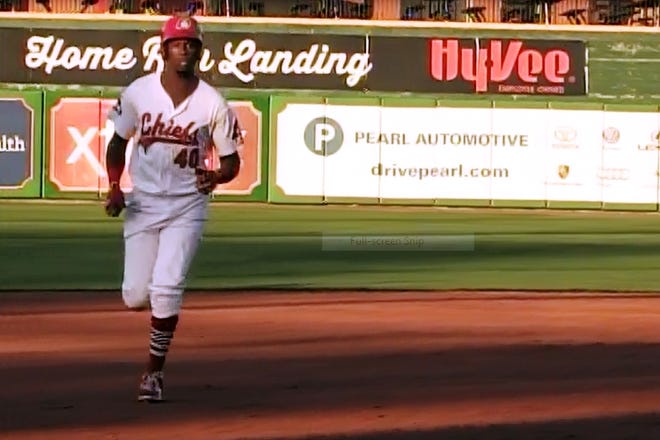 CAPTURED FROM VIDEO Peoria Chiefs outfielder Vince Jackson trots home after 376-foot solo blast during Peoria's 3-2 loss to Beloit in 12 innings at Dozer Park on 6-26-17