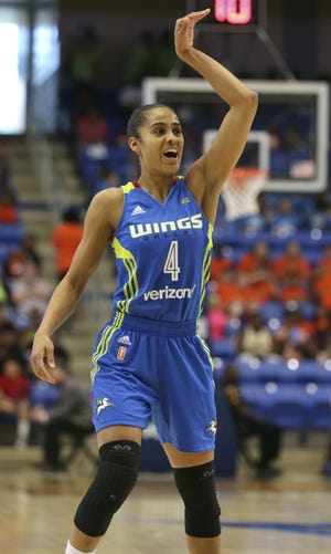 FILE - In this June 21, 2017, file photo, Dallas Wings guard Skylar Diggins-Smith (4) watches her shot during the second half of a WNBA basketball game against the San Antonio Stars, in Arlington, Texas. Diggins-Smith had a huge week to help the Wings win all three of their games and get back to .500. She averaged 20.3 points and 6.7 assists for Dallas, which beat San Antonio twice and Connecticut. [AP Photo/LM Otero, File]