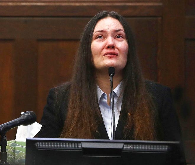 Rachelle Bond testifies in Suffolk Superior Court in Boston on Monday, June 5, 2017. Her former boyfriend, Michael McCarthy, was convicted on Monday, June 26, of killing her 2-year-old daughter, Bella Bond, who for a while was known as Baby Doe. (Pat Greenhouse/The Boston Globe via AP, Pool)