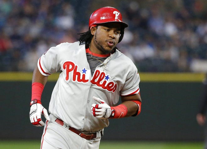 Philadelphia Phillies' Maikel Franco rounds the bases after he hit a solo home run during the seventh inning of the team's baseball game against the Seattle Mariners, Tuesday, June 27, 2017, in Seattle. (AP Photo/Ted S. Warren)
