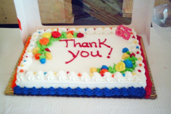 A cake was part of the thank you party.