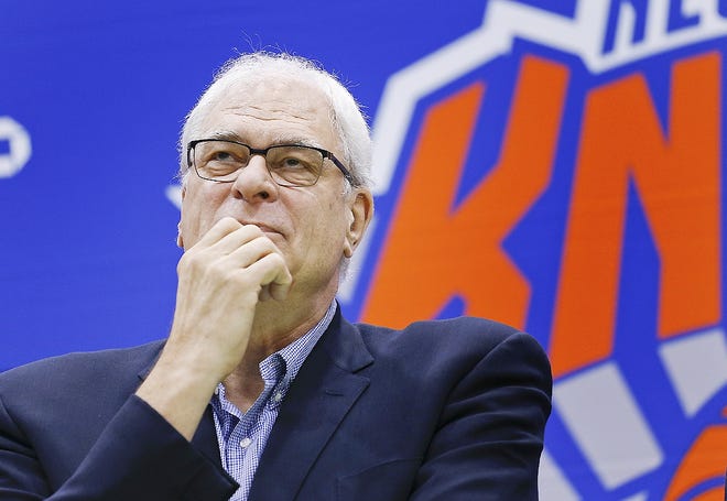 In this July 8, 2016 file photo, New York Knicks president Phil Jackson answers questions during a news conference at the team's training facility in Greenburgh. The Knicks and Jackson parted ways Wednesday, ending a three-year tenure that saw plenty of tumult and not a single playoff appearance. [JULIE JACOBSON/ASSOCIATED PRESS]
