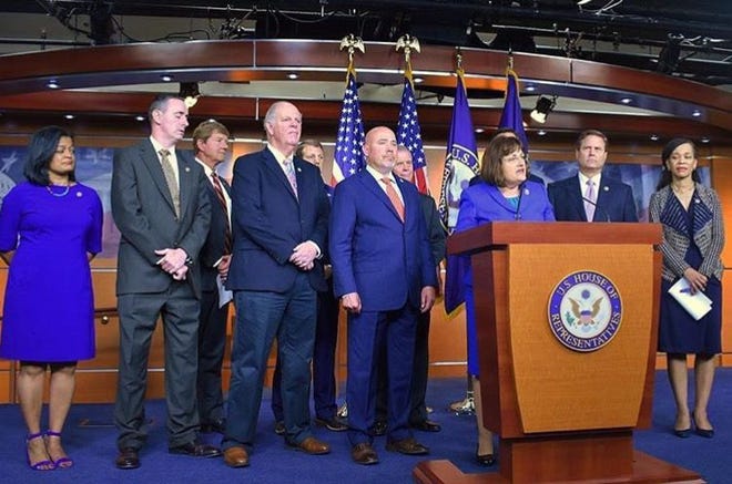 (file) Rep. Annie Kuster, of New Hampshire, speaks at a Washington D.C. news conference about the House Bipartisan Heroin Task Force's legislative agenda. She was joined by the task force's co-chair Rep. Tom MacArthur, R-3rd of Toms River, and vice-chair, Rep. Donald Norcross, D-1st of Camden.