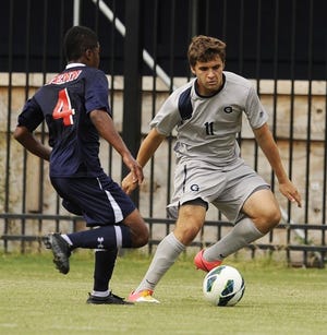 Josh Turnley (11), a Beaver graduate shown here playing soccer for Georgetown, was drafted by the L.A. Galaxy of the MLS in 2016.