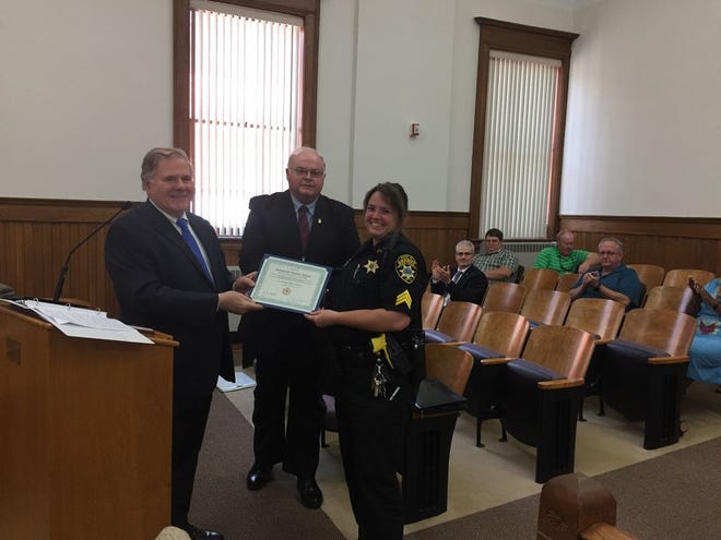 Paul Kehoe, executive director of the New York Sheriff’s Association, Yates County Sheriff Ron Spike and Court Security Supervisor, Sgt. Diana DeKay.