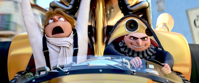 Dru (voiced by Steve Carell), left, and Gru (also Carell) appear in a scene from "Despicable Me 3." [ILLUMINATION AND UNIVERSAL STUDIOS]