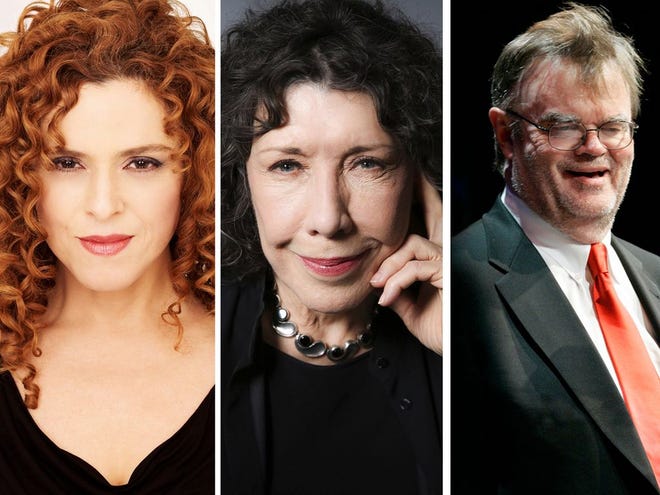 Bernadette Peters, left, Lily Tomlin and Garrison Keillor are among the featured performers in the Mercyhurst Institute for Arts & Culture's 2017-18 live entertainment season. [THE ASSOCIATED PRESS AND CONTRIBUTED PHOTOS]