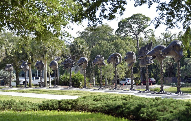 On The Ringling grounds are 12 bronze heads by Ai Weiwei representing symbols from the Chinese zodiac and weighing about 2,000 pounds each. From left: rat, ox, tiger, rabbit, dragon, snake, horse, goat, monkey, rooster, dog and pig. 

[Herald-Tribune staff photo / Thomas Bender]
