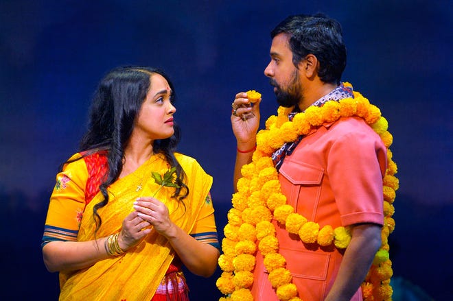 Anisha Nagarajan (as Alice) and Namit Das (PK Dubey) in the Berkeley Repertory Theatre world premiere production of the musical “Monsoon Wedding”