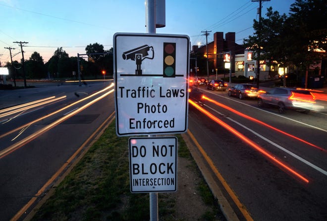 Fair warning is posted near Branch Avenue on North Main Street, looking north. The red-light camera at this intersection is number 3 in the map below. [The Providence Journal / Kris Craig]