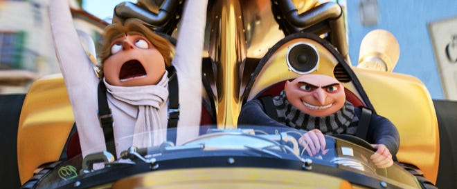 This image shows characters Dru, left, and Gru, both voiced by Steve Carell in a scene from "Despicable Me 3." [Illumination and Universal Pictures]