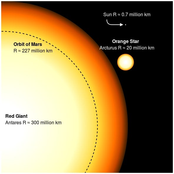 This diagram shows how large Antares, a red super-giant star, is compared to the bright orange star Arcturus and our Sun. [Sakurambo/Wikimedia Commons]