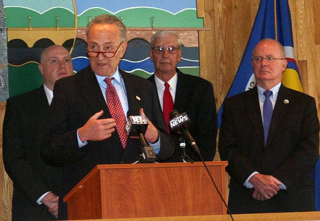 NY Sen. Chuck Schumer discusses the Kraft Heinz deal during a press conference at Corning City Hall Friday. [SHAWN VARGO/THE LEADER]