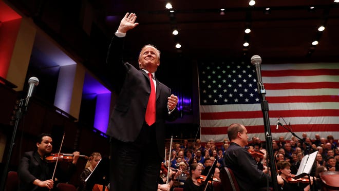President Donald Trump arrives to speak during the Celebrate Freedom event at the Kennedy Center for the Performing Arts in Washington on Saturday. (AP Photo/Carolyn Kaster)