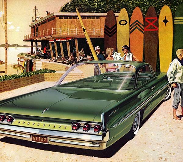 Advertisement for the 1961 Pontiac Bonneville bubble-top, a model that offered several versions of the Pontiac 389 V8 engine. [General Motors]