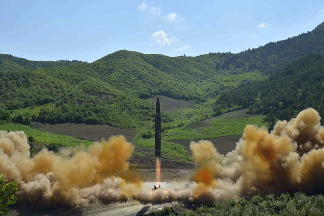 This photo distributed by the North Korean government shows what was said to be the launch of a Hwasong-14 intercontinental ballistic missile (ICBM) in North Korea’s northwest on Tuesday, July 4, 2017. Independent journalists were not given access to cover the event depicted in this photo. [KOREAN CENTRAL NEWS AGENCY/KOREA NEWS SERVICE VIA AP]