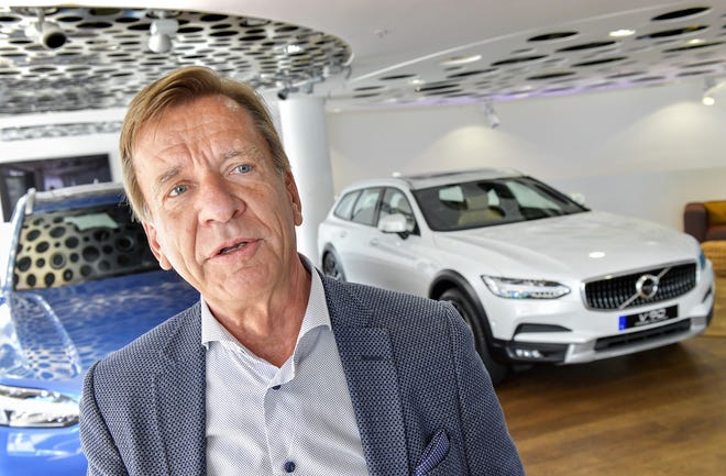 Volvo Cars CEO Hakan Samuelsson during an interview with TT News Agency at Volvo Cars Showroom in Stockholm, Sweden, Wednesday. Samuelsson said that all Volvo cars will be electric or hybrid within two years. [Jonas Ekströmer/TT via AP]