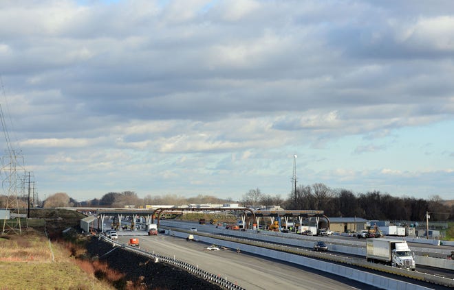 (File) Vehicles pass through the Neshaminy Falls interchange of the Pennsylvania Turnpike in Bensalem, which is where the state's highest number of toll violations take place.