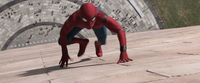Spidey (Tom Holland) takes a shortcut up the Washington Monument in "Spider-Man: Homecoming." [Columbia Pictures]