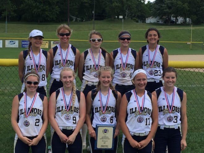 The Illinois Gold 14U team finished third in its division at the Illinois North American Fastpitch Association State Tournament, held June 23-25 in Peoria. Pictured, from left, back row, are Bailey Miller, Alexis Janssen, Natalie Bittner, Grace Lagerhausen and Miranda Mechanic; front row, Morgan Salisbury, Alysa Morrison, Kristen Frautschy, Maddy Ruud and Alison O'Rourke. [PHOTO PROVIDED]