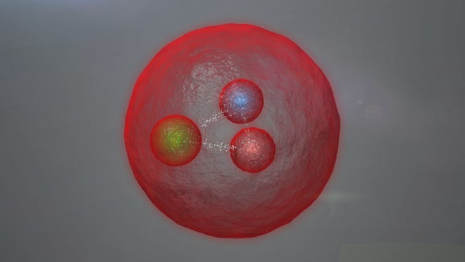 In this image provided by CERN, shows a artists conception of a new subatomic particle. Scientists at the Large Hadron Collider in Europe have discovered a new subatomic particle. ItþÄôs a long theorized but never-before-seen type of baryon. Baryons are subatomic particles made up of quarks. This particle is the first of its kind two have two heavy quarks, both a type called þÄúcharm.þÄù (CERN via AP)