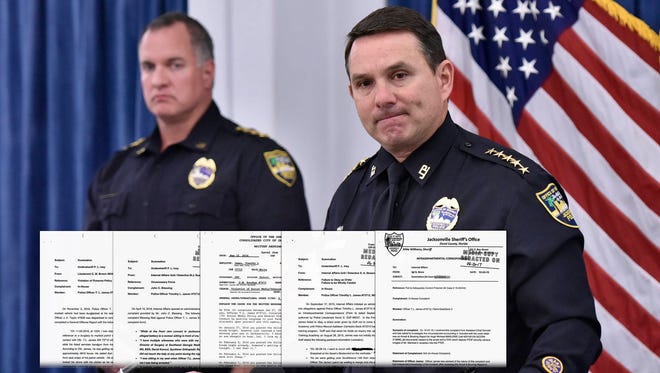Sheriff Mike Williams is flanked by Undersheriff Pat Ivey, who is in charge of internal discipline at the Jacksonville Sheriff’s Office. Documents from Officer Tim James’ history of internal investigations are also shown. (Photo by Will Dickey/Florida Times-Union. Illustration by Ben Conarck/Florida Times-Union.)