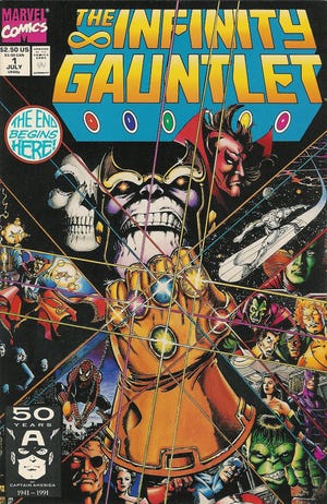 Marvel's greatest heroes faced Thanos in "Infinity Gauntlet," for which George Perez was the initial artist. [Marvel Comics]
