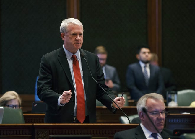 Illinois House Minority Leader Jim Durkin, R-Western Springs, speaks during a debate to override Gov. Rauner's veto of the budget bills on the floor of the Illinois House during an overtime session at the Illinois State Capitol, Thursday, July 6, 2017, in Springfield. [JUSTIN L. FOWLER/GATEHOUSE MEDIA ILLINOIS]