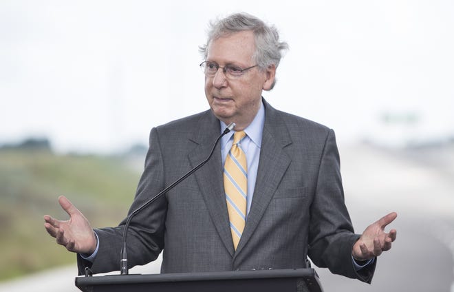 U.S. Sen. Mitch McConnell, R-Ky., speaks during a news conference for the ribbon cutting ceremony for exit 30 on Interstate 65 in Bowling Green, Ky., on Thursday, July 6, 2017. [Austin Anthony/Daily News via AP]