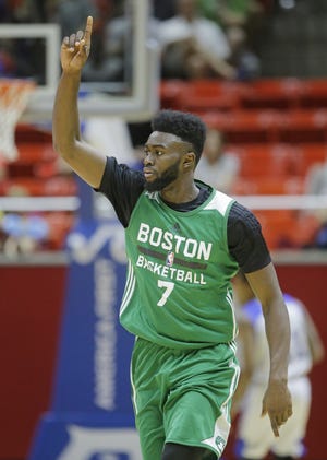 Celtics forward Jaylen Brown, pictured celebrating after scoring a 3-pointer against the Philadelphia 76ers during the first half of an NBA summer league game on Monday, could be the player that replaces Avery Bradley in the starting lineup next season. [AP Photo/Rick Bowmer]