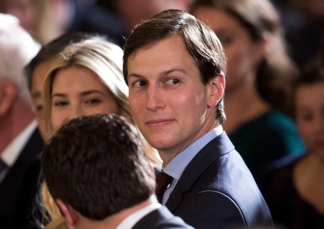 In this Monday, June 5, 2017 file photo, senior adviser to President Donald Trump Jared Kushner, right, and Ivanka Trump, the daughter of President Donald Trump, sit in the front row in East Room of the White House in Washington. Donald Trump’s eldest son, son-in-law and then-campaign chairman met with a Russian lawyer shortly after Trump won the Republican nomination, in what appears to be the earliest known private meeting between key aides to the president and a Russian. Representatives of Donald Trump Jr. and Jared Kushner confirmed the June 2016 meeting to The Associated Press after The New York Times reported Saturday, July 8, 2017 on the gathering of the men and Russian lawyer Natalia Veselnitskaya at Trump Tower. (AP Photo/Carolyn Kaster, File)
