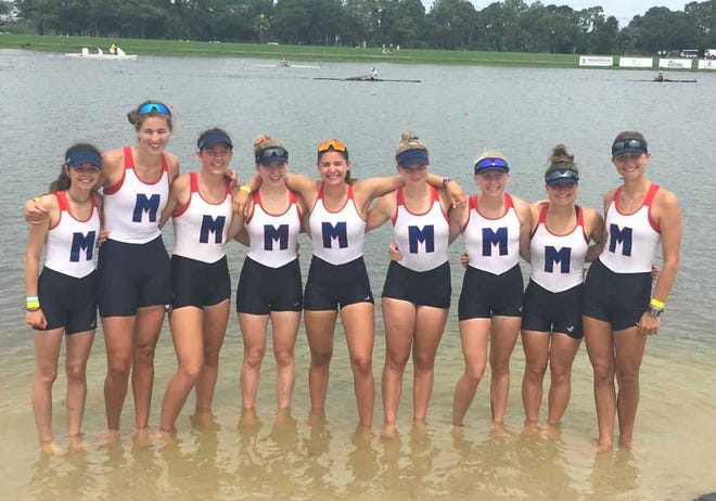 The Princeton National Rowing Association's Mercer Rowing Club women's youth eight with coxswain finished seventh at the USRowing Youth National Championships in Sarasota, Florida. Members of the crew include (from left) Caroline Galati, Katryna Niva, Emmanuelle Adamson, Mia Barkenbush, Laila Shehab, Newtown resident Kieran Wild, Celia Varga, Sara Hansen and Newtown resident Katie Lustig.