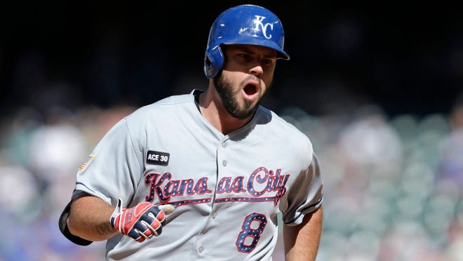 Kansas City’s Mike Moustakas will be one of three Royals participating in the All-Star Game on Tuesday night in Miami, joining catcher Salvador Perez and pitcher Jason Vargas. (File photograph/The Associated Press)