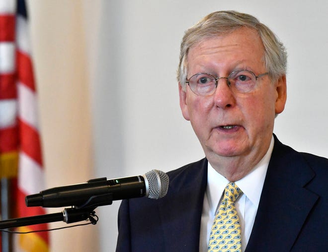 In this June 30, 2017 file photo, Senate Majority Leader Mitch McConnell, of Kentucky, speaks in Elizabethtown, Ky. The number of people without health insurance in the U.S. has grown by nearly 2 million this year, according to a major new survey. It may foreshadow deeper coverage losses if Republican legislation passes Congress and estimates of its impact prove accurate. (AP Photo/Timothy D. Easley, File)
