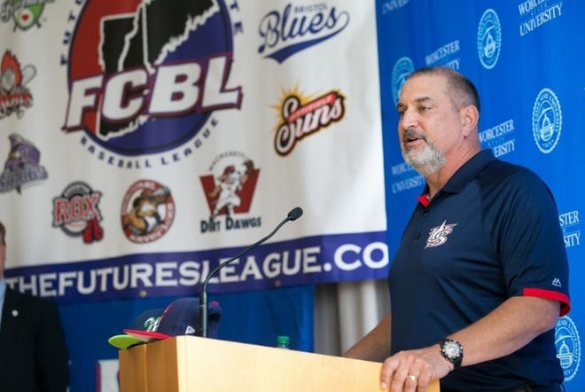 Eric Campbell, general manager of the USA Baseball national teams, announces at a press conference in May plans for the USA Collegiate National Team to play both the Futures Collegiate Baseball League All-Stars and the Japan Collegiate All-Stars. Team USA will face the FCBL All-Stars on Tuesday, followed by Japan on Thursday. Both games will be held at Hanover Insurance Park at Fitton Field in Worcester. [File Photo/Matthew Healey]