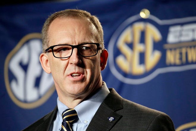 Southeastern Conference Commissioner Greg Sankey speaks before an NCAA college basketball game in Nashville, Tenn on March 13, 2015. [AP Photo/Mark Humphrey, File]