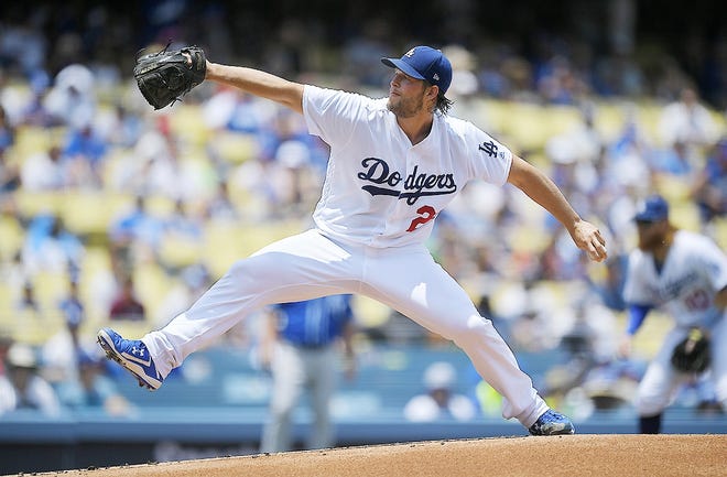 Los Angeles Dodgers starting pitcher Clayton Kershaw throws to the plate during the first inning of a baseball game against the Kansas City Royals on July 9 in Los Angeles. [MARK J. TERRILL/ASSOCIATED PRESS]