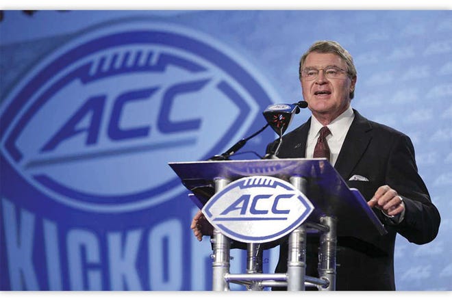 ACC Commissioner John Swofford speaks to the media during the Atlantic Coast Conference media day in Charlotte on Thursday