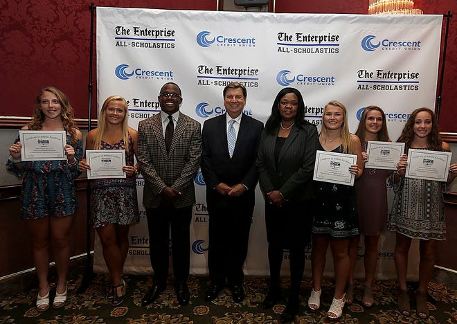 The Enterprise All-Scholastic girls lacrosse team for the spring of 2017 at the awards dinner with New England Patriot Matthew Slater on Thursday, July 13, 2017, at the Lantana in Randolph.