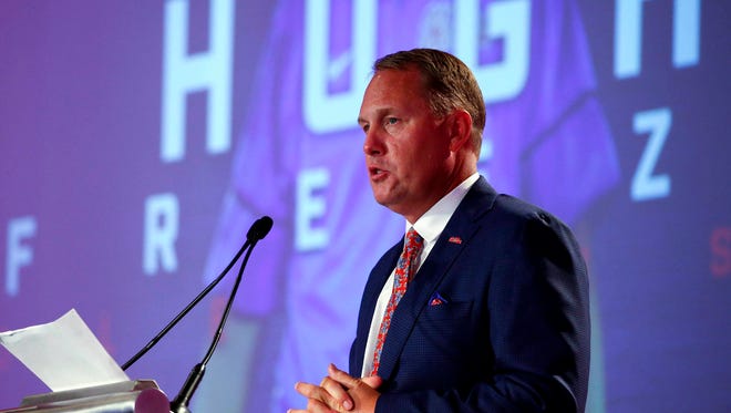 Ole Miss football coach Hugh Freeze speaks during his SEC Media Days appearance on Thursday in Hoover, Ala. (AP Photo/Butch Dill)