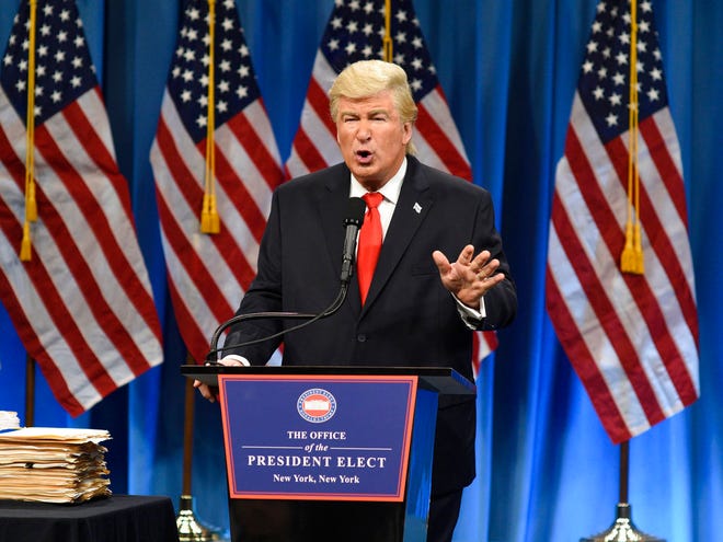 This Jan. 14 photo released by NBC shows Alec Baldwin playing President-elect Donald Trump in a sketch on "Saturday Night Live" in New York. Baldwin was nominated for an Emmy Award for outstanding supporting actor in a comedy series on Thursday. The Emmy Awards ceremony, airing Sept. 17 on CBS, will be hosted by Stephen Colbert.
