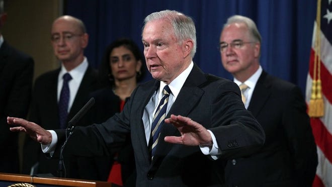 U.S. Attorney General Jeff Sessions speaks during a news conference Thursday to announce a large health care fraud takedown. (Photo by Alex Wong/Getty Images)